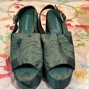 Jeffrey Campbell Teal and Gold Floral Platforms